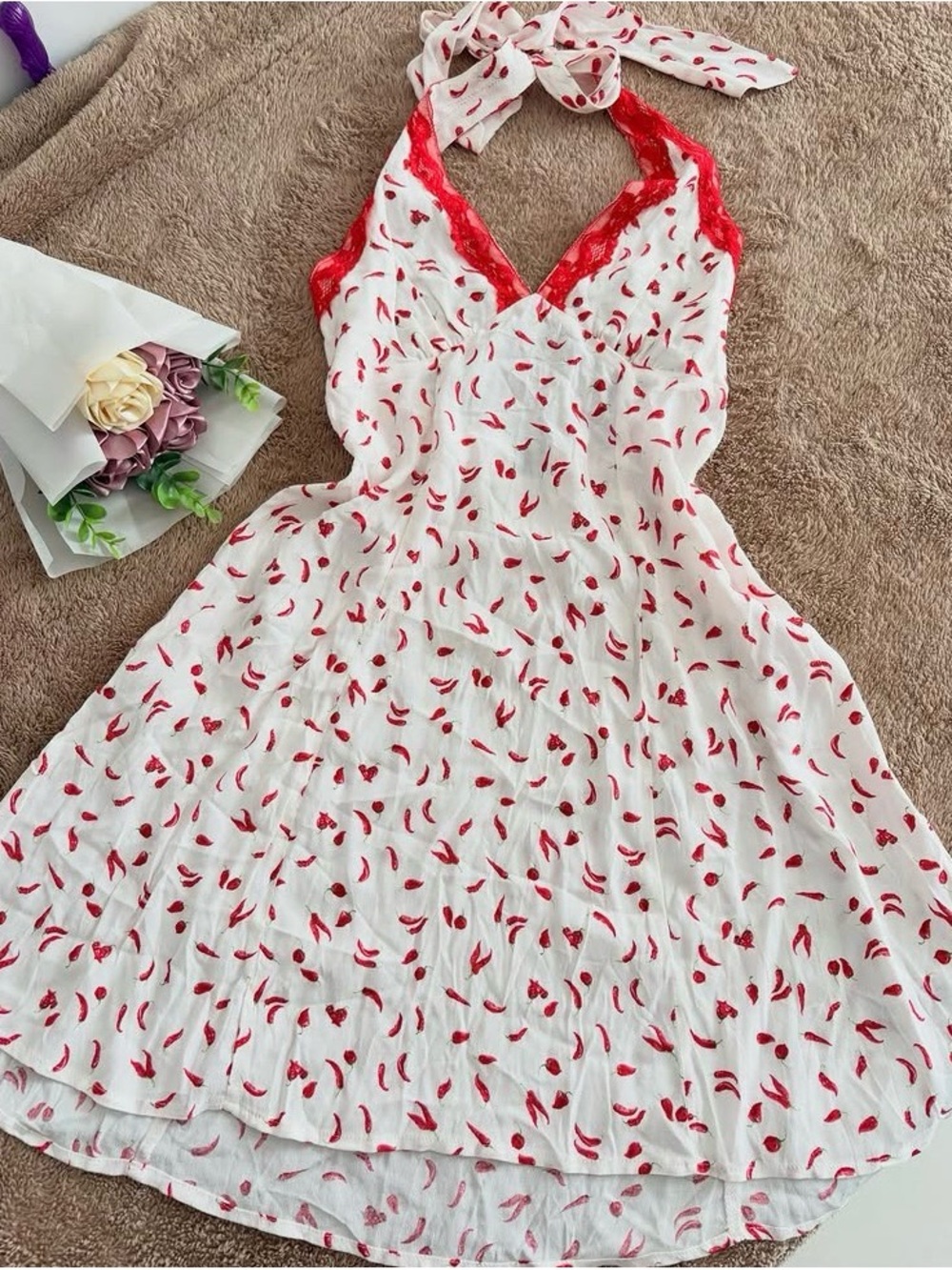 wild fable White Mini Dress with chilli Print and Red Lace Trim